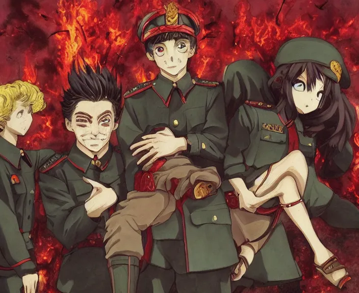 Image similar to anime art, stalin went to hell, infernal art in good quality, scary picture in color