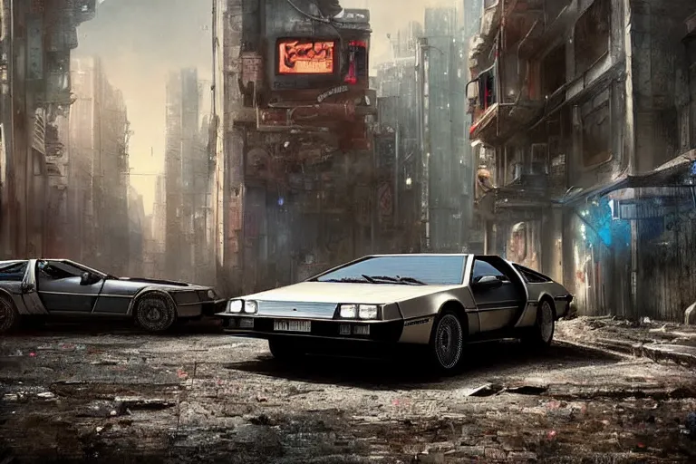 Image similar to highly detailed photograph of a delorean parked on the streets of a cyberpunk abandoned city, doors are open, by greg rutkowski and stanley artgerm and alphonse mucha, octane, sharp focus, hyperrealistic, masterpiece