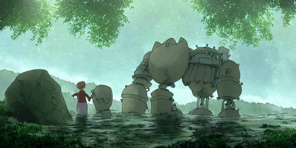 Image similar to a cell - shaded cartoon movie still from howl's moving castle ( 2 0 0 4 ) of a giant mechanical golem lifting a huge stone in a flooded rainforest valley. shafts of sunlight come from above. a ufo is in the sky. wide shot, very dull muted colors, hd, 4 k, hq