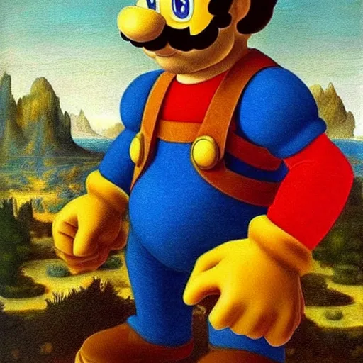 Image similar to a portrait of super - mario!!!!!! painting by da vinci ( ( ( ( mona lisa ) ) ) )