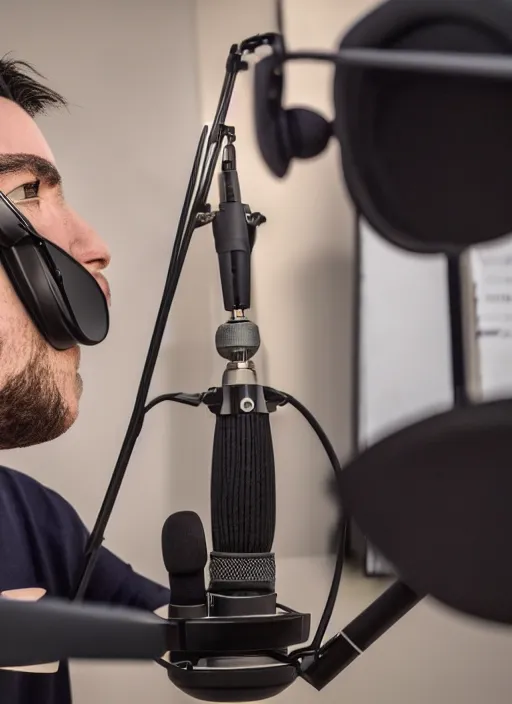 Prompt: photograph of aquinas recording a podcast wearing headphones 8k UHD detailed 85mm CANON EOS