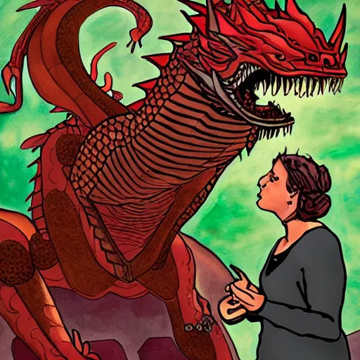 Prompt: woman is talking to a large dragon, art by Chris Achilleos ,