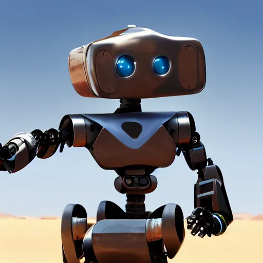 Prompt: close up of a Photorealistic robot with a gun in the desert.