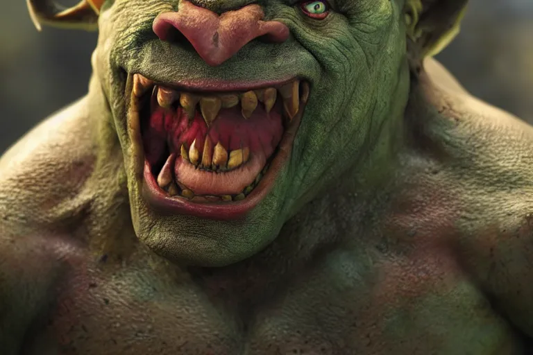 Image similar to close up portrait photo of a happy orc. high resolution color photo, times magazine 2 0 2 1