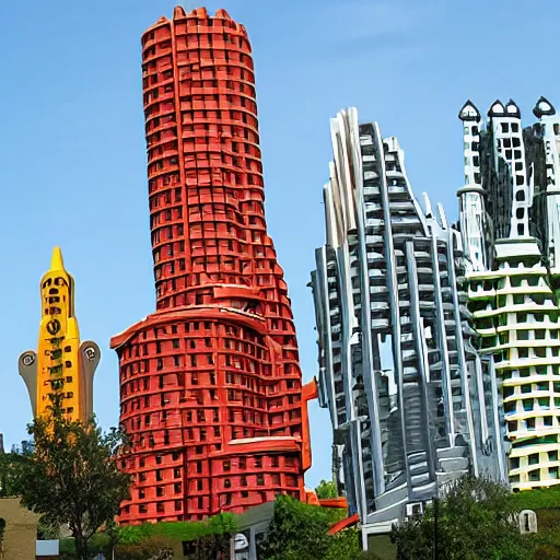 Image similar to building by dr seuss, with towers, bridges, stairs