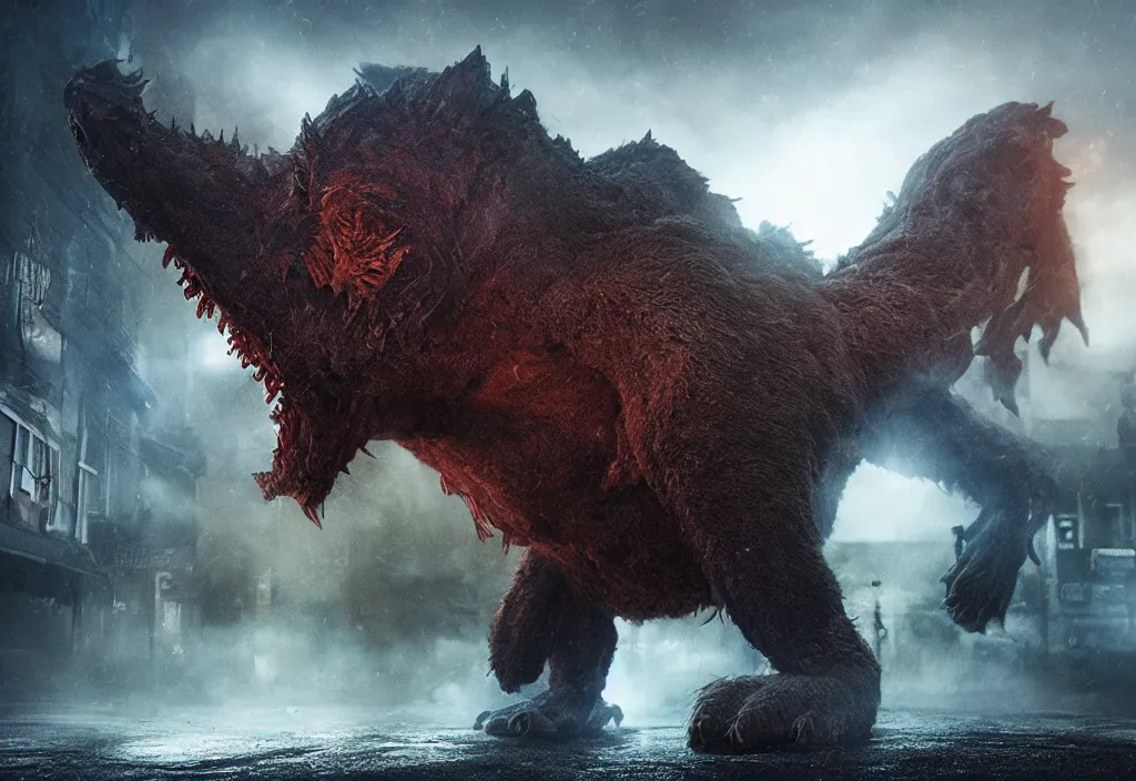 Image similar to vfx color film closeup, huge behemoth monster creature beast by aaron sims, in residential street, low - key lighting award winning photography arri alexa cinematography, hyper real photorealistic cinematic beautiful, atmospheric