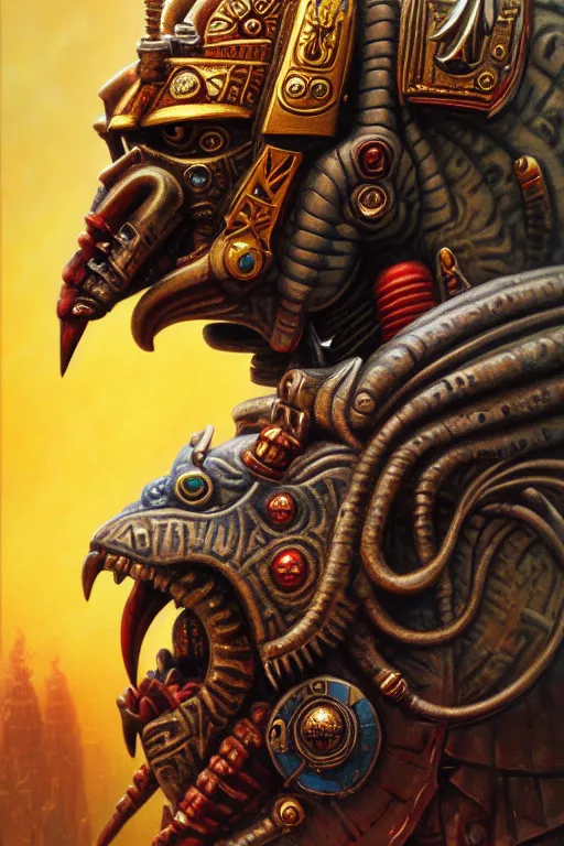 Prompt: full - length portrait of horus lupercal - warhammer 4 0 k, 3 5 mm, close - up, a hyperrealistic acrylic portrait painting, beksinski and thomas kinkade. intricate details. believable eyes. head and shoulders. front on, symmetrical. epic fantasy art. indian mythology. rama.