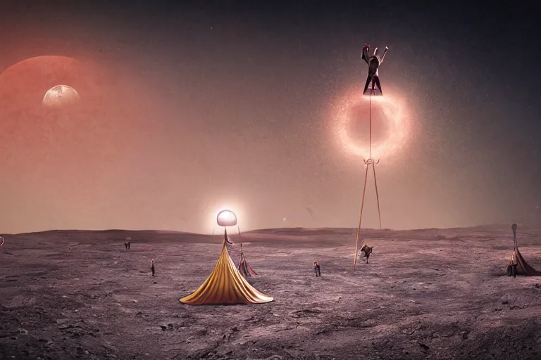 Image similar to circus on the surface of the moon, circus, magical, warm light, photo realistic