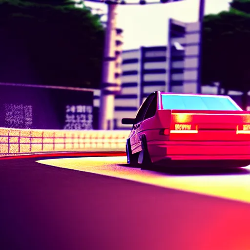 Image similar to a car drifting JZX100 on Ebisu Circuit, Shibuya prefecture, city sunset, cinematic color, photorealistic, highly detailed, bokeh, DOF, octane render