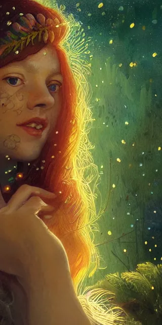 Prompt: young woman, smiling amazed, golden fireflies lights, full covering intricate detailed dress, amidst nature, empathic, long red hair, precise linework, accurate green eyes, small nose with freckles, beautiful oval shape face, realistic, expressive emotions, dramatic lights, hyper realistic ultrafine art by artemisia gentileschi, jessica rossier, boris vallejo