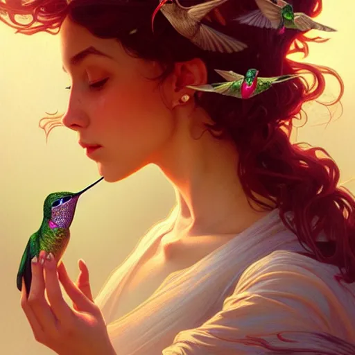 Prompt: Portrait of a girl exhaling smoke being surrounded by hummingbirds, face, fantasy, intricate, elegant, highly detailed, digital painting, artstation, concept art, smooth, sharp focus, illustration, art by Fernanda Suarez and Artem Demura and alphonse mucha