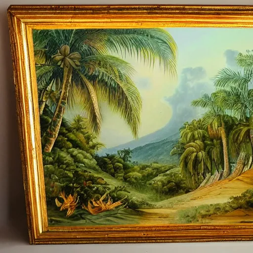 Image similar to a dusty old framed painting of a beautiful tropical landscape