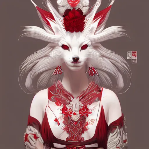 Image similar to albino kitsune maiko nekomimi, red and white neon, concept art, intricate details, highly professionally detailed, cgsociety, highly detailed -