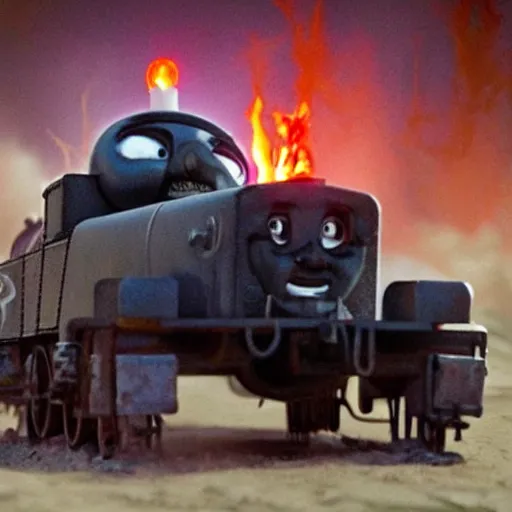 Prompt: evil chthonic Thomas the Tank Engine in the fiery Wasteland of MAD MAX: FURY ROAD