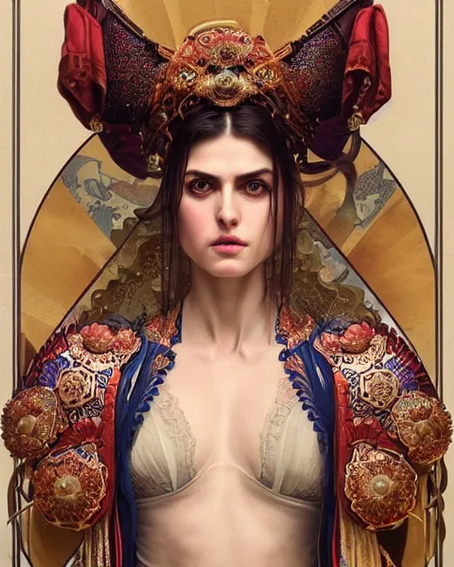 Prompt: portrait of a turkish masculine female alexandra daddario cyberpunk machine, machine face, upper half portrait, decorated with ottoman opera motifs, muscular, asian, fine china, wuxia, traditional chinese art, intricate intense elegant, highly detailed symmetry headpiece digital painting artstation concept art smooth sharp focus illustration, art by artgerm and greg rutkowski alphonse mucha 8 k