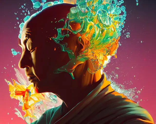 Prompt: peaceful monk in a chaotic storm of liquid smoke, by petros afshar, sabbas apterus, brian sum, ross tran, tom whalen, shattered glass, bubbly underwater scenery, radiant light