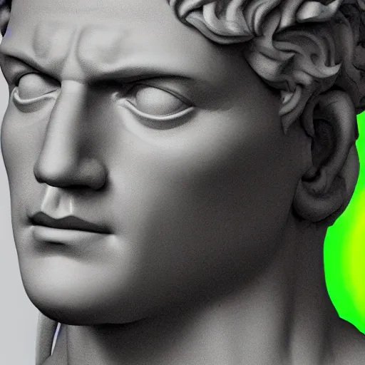 Image similar to a 3 d render of the head of david statue by michelangelo with a neon ring around the head
