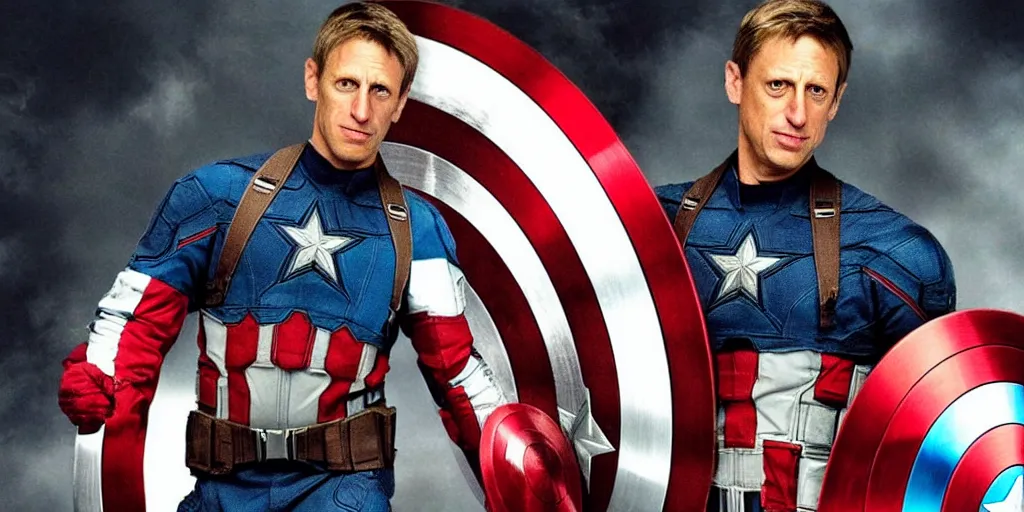 Prompt: “A still of Tony Hawk as Captain America in Marvel’s Avengers, high definition”