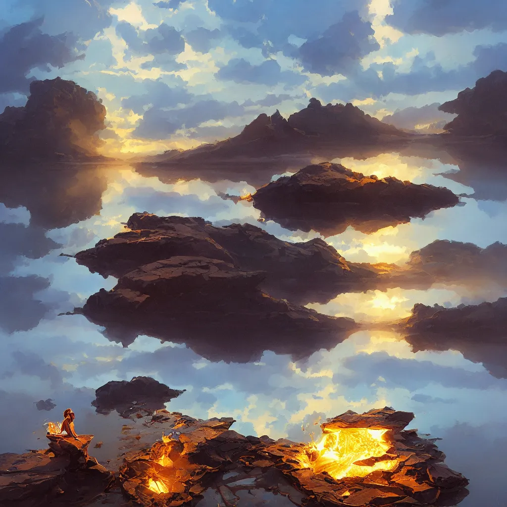 Image similar to lake, gold molten, by greg rutkowski, by rhads, by jesper ejsing