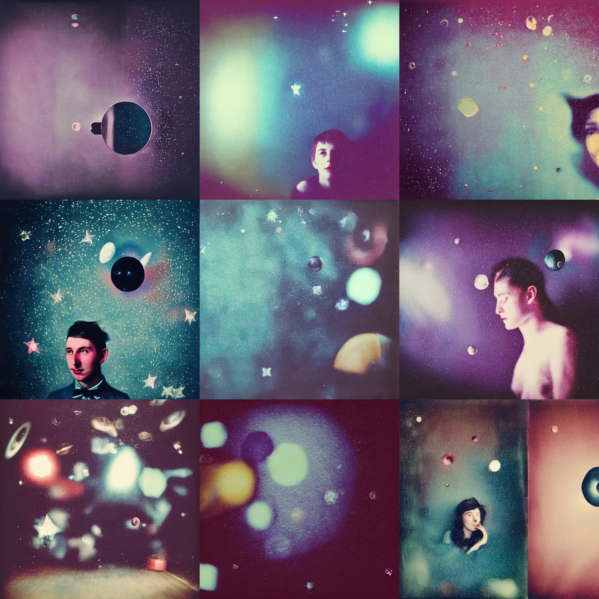 Image similar to kodak portra 4 0 0, wetplate, muted colours, blueberry, motion blur, portrait photo of a backdrop, sparkling, halfmoon in space, by georges melies and by wes anderson and by britt marling