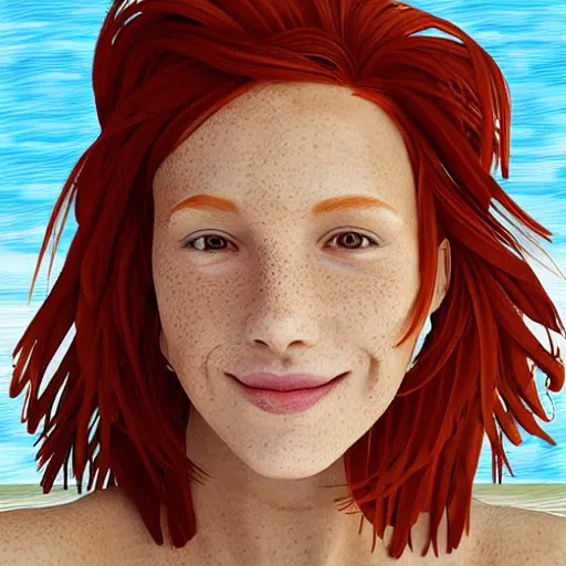 Image similar to digital art of redhead at the beach, freckles, dimples, smiling, flirting, eye contact