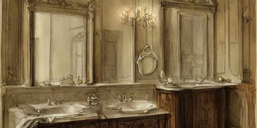 Prompt: a hiper intricate watercolor of a beatiful bathroom with mirror, extremely detailed, sharp focus, elegant, wide view, smooth, digital illustration, colorfull, by william turner art, by greg rutowski