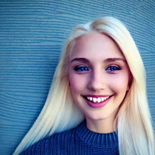 Image similar to beautiful selfie of a cute thin young woman smiling smugly, long light platinum blonde hair, flushed face, small heart - shaped face, cute freckles, light blue eyes, golden hour, 8 k, instagram