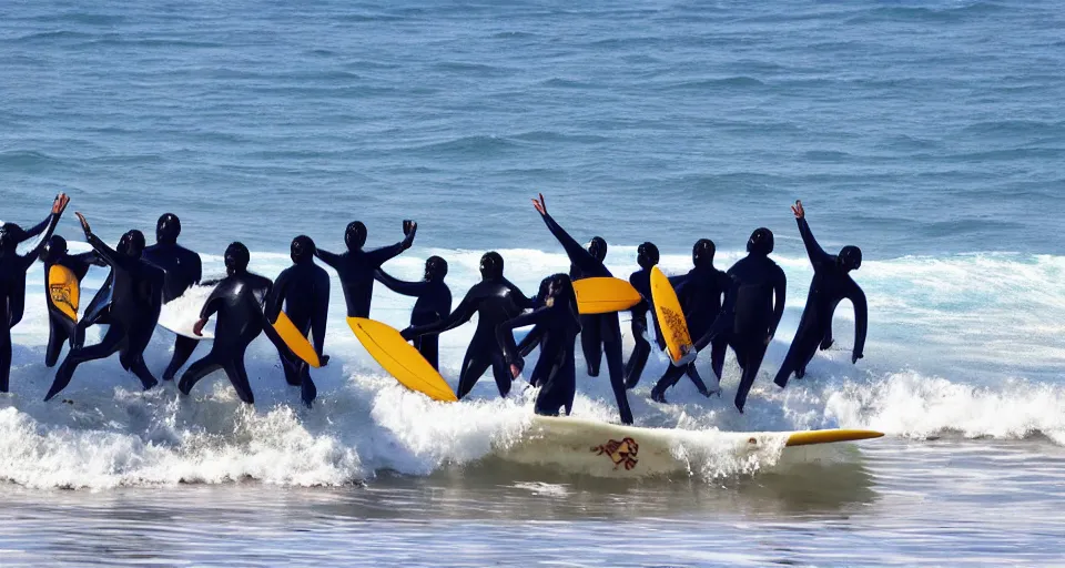 Image similar to devil worshippers in robes belonging to the cult of the ocean surfing in waves, standing on surfboards, surfing inside one large barreled wave, high detailed colors, blue