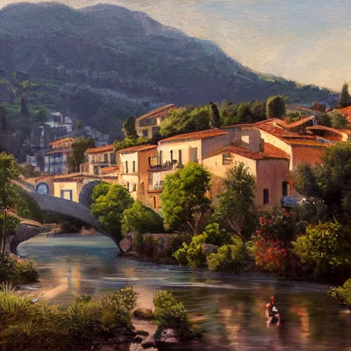 Prompt: High-Quality realist painting of a river crossing a traditional village in a valley in the French Riviera at dawn, peaceful, very detailed, digital art.