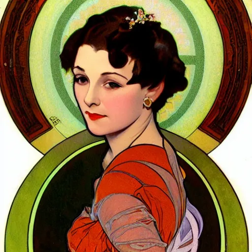 Image similar to a stylized closeup portrait of a young vivian leigh, arabesque forms, art nouveau, jugendstil, decorative background, painted by alphonse mucha