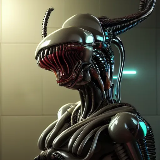 Image similar to futuristic cyberpunk alien xenomorh queen robot concept, highly detailed, photorealistic portrait, bright studio setting, studio lighting, crisp quality and light reflections, unreal engine 5 quality render