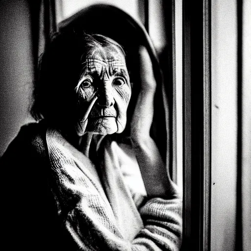 Image similar to black and white photograph portrait of a depressed beautiful old woman standing by the window, natural light, lomo, fashion photography, film grain, soft vignette, sigma 85mm f/1.4 1/10 sec shutter