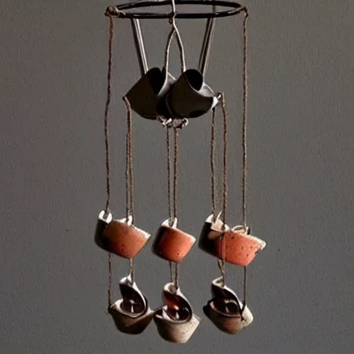 Image similar to This is a sketch of a wind chime made from the pieces of a broken mug. It shows the mug handle as the top piece with strings attached to it, and the bottom pieces of the mug hanging down like little bells, sketch, illustration