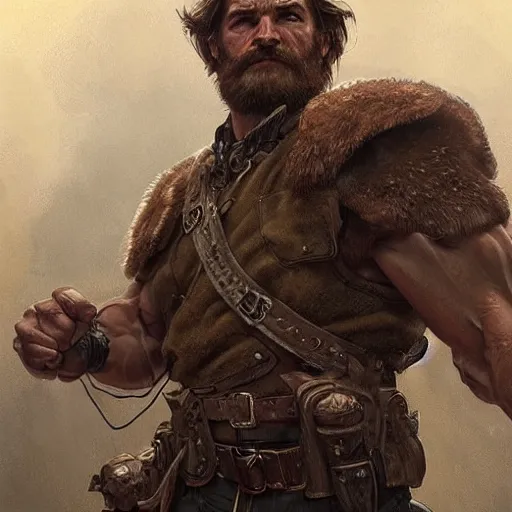 Image similar to portrait of a rugged ranger, muscular, upper body, hairy torso, D&D, fantasy, intricate, elegant, highly detailed, digital painting, artstation, concept art, smooth, sharp focus, illustration, art by artgerm and Greg Rutkowski and Alphonse Mucha