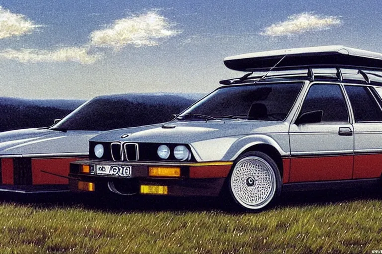 Image similar to intricate, 3 d, 1 9 8 4 bmw m 1 estate wagon, style by caspar david friedrich and wayne barlowe and ted nasmith.