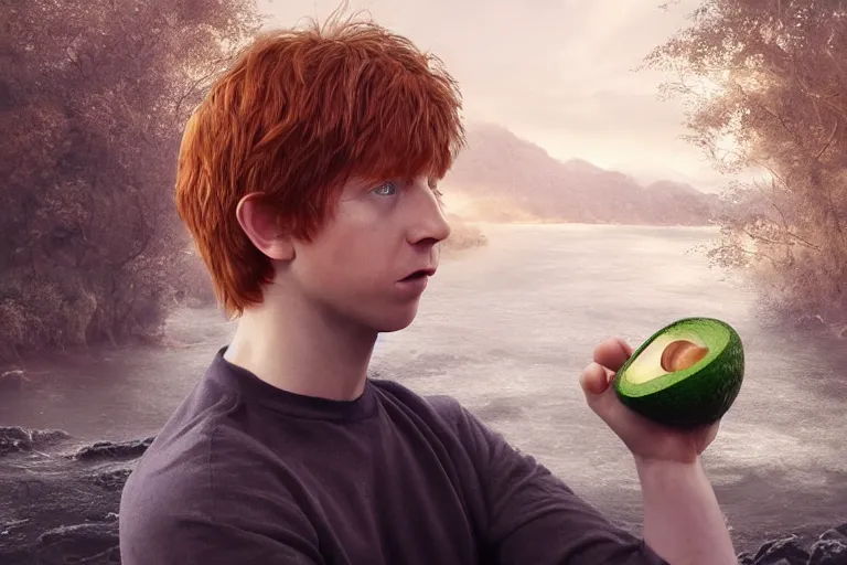 Prompt: an ultra realistic, cinematic, headshot portrait, of ron weasley kissing an avocado, fantasy, avocado, facial features, background of a vast serene landscape, with trees and rivers, detailed, deep focus, movie still, dramatic lighting, ray tracing, by michal karcz and yoshitaka amano