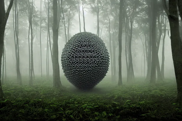 Image similar to a complex organic fractal 3 d ceramic humanoid megastructure in a lush forest, foggy, cinematic shot, photo still from movie by denis villeneuve