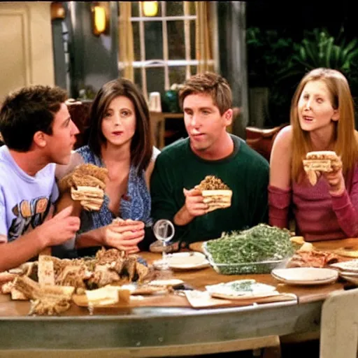 Prompt: the cast of friends eating bugs together