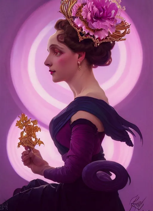 Image similar to leyendecker, brom, lovely regal queen, portrait, updo of black and pink ombre hair, crown, flowerpunk, crystal coated violet flowers, by greg rutkowski, anato finnstark, alphonse mucha, global illumination, radiant light