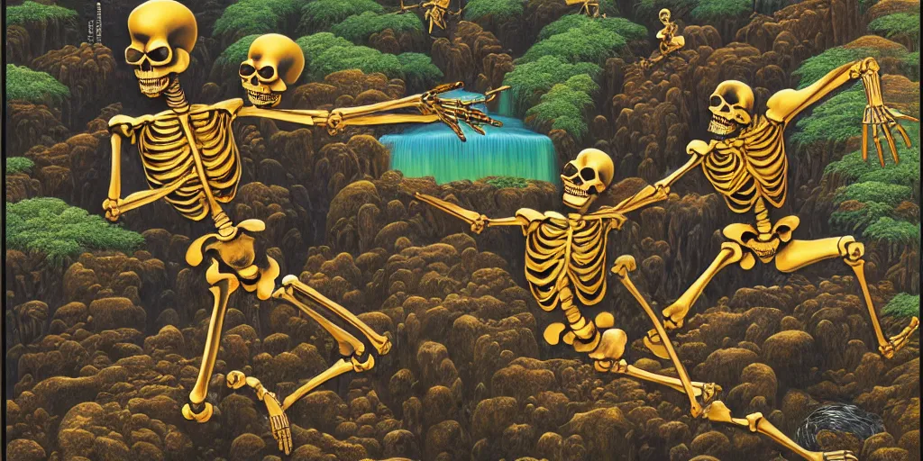 Prompt: 3d renderings of two Skeletons fighting in front of a waterfall, infographic for imaginary animals, golden hour, backlit by an alien planet, sharp focus, psychedelic LSD manga, abstract oil painting by Raqib Shaw and joseph albers, MC Escher illustration