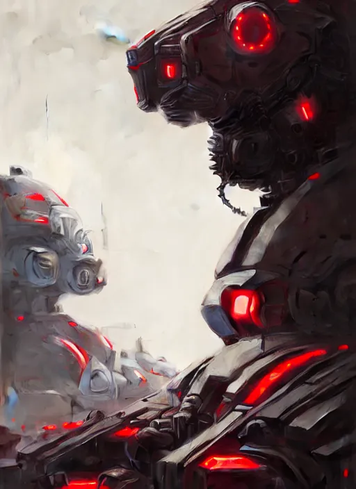 Prompt: a portrait of epic mechanical futuristic war army and robots with red and white accent highly detailed, digital painting, concept art, smooth, sharp focus, illustration, art by greg rutkowski