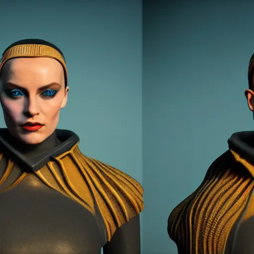 Prompt: dune movie inspired avant-garde art, deco fashion, highly detailed, photorealistic portrait, bright studio setting, studio lighting, crisp quality and light reflections, unreal engine 5 quality render