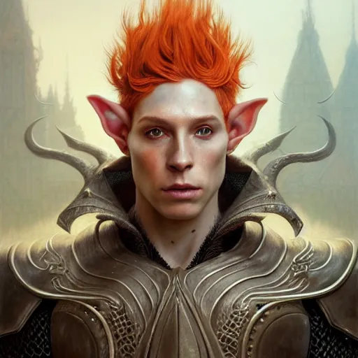 Image similar to portrait painting of a young elven man with a soft face and short light orange hair and tribal tattoos on his face wearing fur armor, ultra realistic, concept art, intricate details, eerie, highly detailed, photorealistic, octane render, 8 k, unreal engine. art by artgerm and greg rutkowski and charlie bowater and magali villeneuve and alphonse mucha
