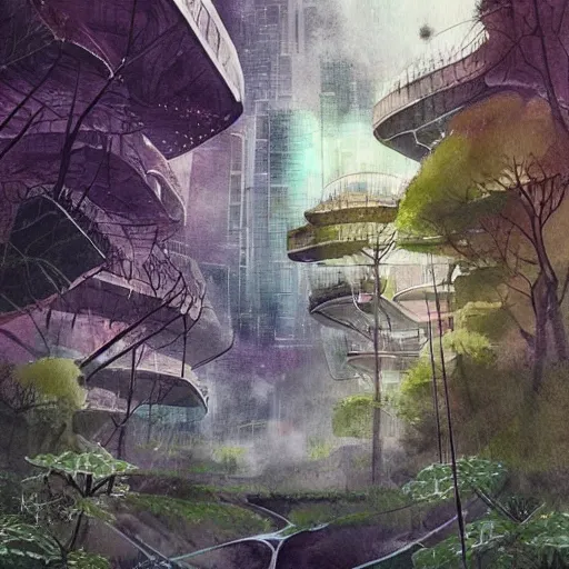Image similar to Beautiful happy overgrown sci-fi city in harmony with nature. Nice colour scheme, soft warm colour. Beautiful detailed watercolor by Lurid. (2022)