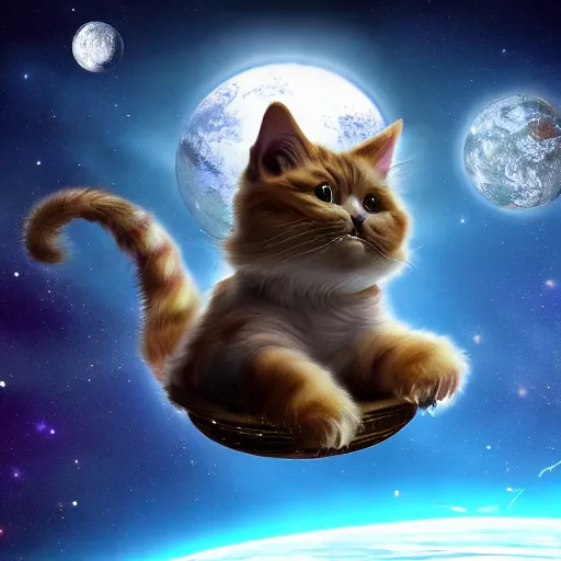 Image similar to fantasy cat floating in space, high detail, fantasy art, concept art, 4 k, ultra detail, computer art