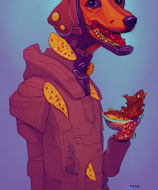 Prompt: a portrait of an anthropomorphic cyberpunk dachshund dog eating nachos, cyberpunk!, fantasy, elegant, digital painting, artstation, concept art, matte, sharp focus, illustration, art by josan gonzalez