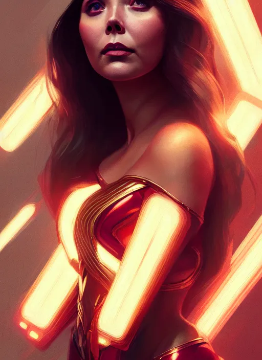 Image similar to portrait of modern darna, elizabeth olsen, intricate, elegant, glowing lights, highly detailed, digital painting, artstation, glamor pose, concept art, smooth, sharp focus, illustration, art by wlop, mars ravelo and greg rutkowski