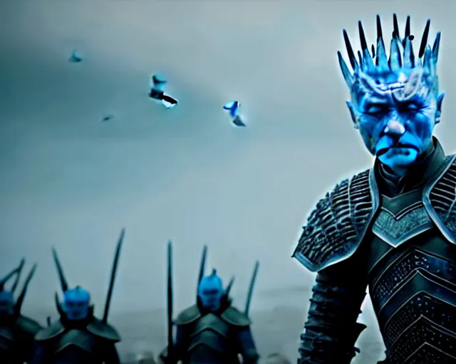 Image similar to justin sun as night king in game of thrones attacked by huge bee army, 4 k, epic, cinematic, focus, movie still, fantasy, extreme detail, atmospheric, dark colour, sharp focus