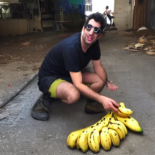 Prompt: zohan dvir building a stack of bananas on the ground