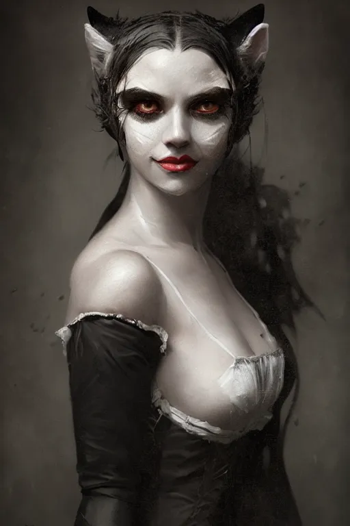 Image similar to wet plate photograph portrait of an anthropomorphic cat - woman, dressed in a victorian - era clothing, dramatic lighting, highly detailed, digital painting, artstation, concept art, smooth, sharp focus, illustration, art by wlop, mars ravelo and greg rutkowski